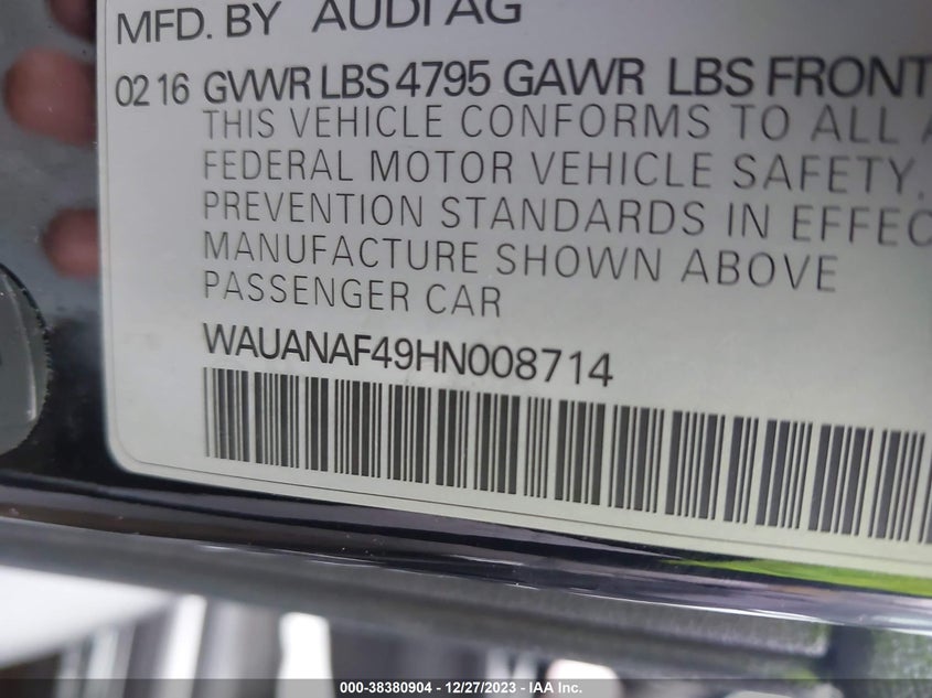 VIN WAUANAF49HN008714 2017 AUDI A4 PREMIUM