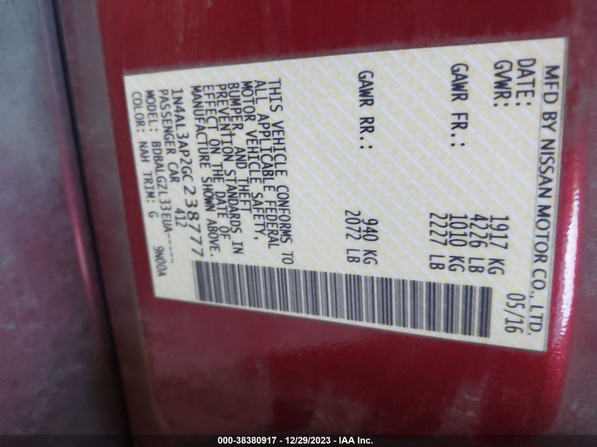 2016 NISSAN ALTIMA 2.5 S - 1N4AL3AP2GC238777