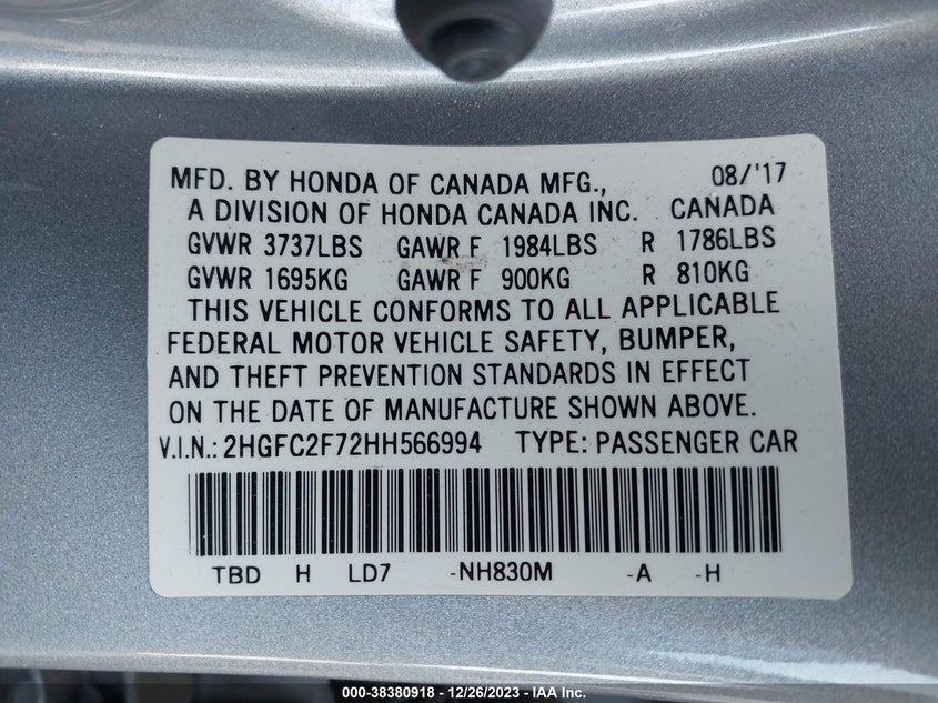 VIN 2HGFC2F72HH566994 2017 HONDA CIVIC EX