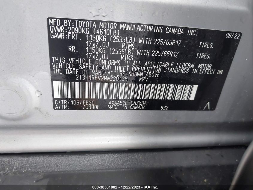 2022 TOYOTA RAV4 LE - 2T3H1RFV2NW220136