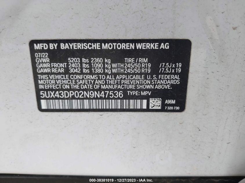 2022 BMW X3 SDRIVE30I - 5UX43DP02N9N47536