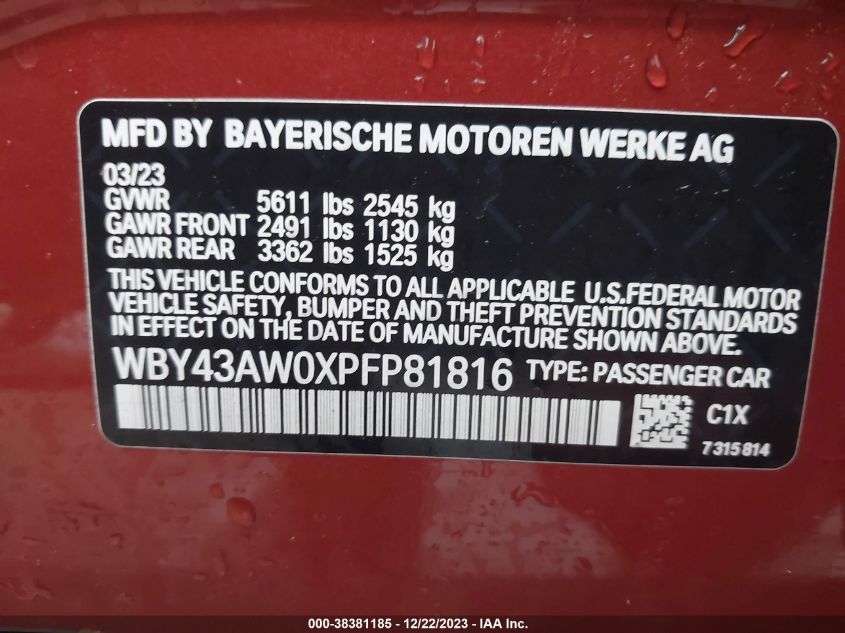 2023 BMW I4 EDRIVE35 WBY43AW0XPFP81816