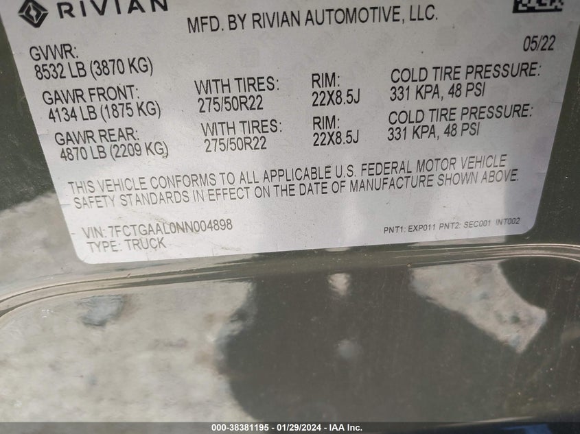 VIN 7FCTGAAL0NN004898 2022 RIVIAN R1T LAUNCH EDITION