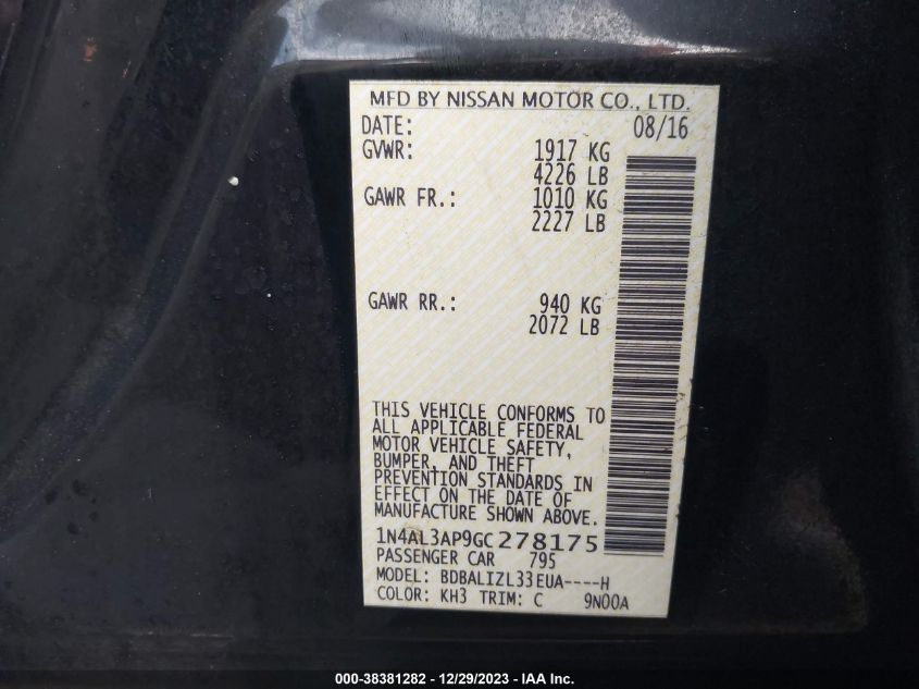 2016 NISSAN ALTIMA 2.5 SV - 1N4AL3AP9GC278175