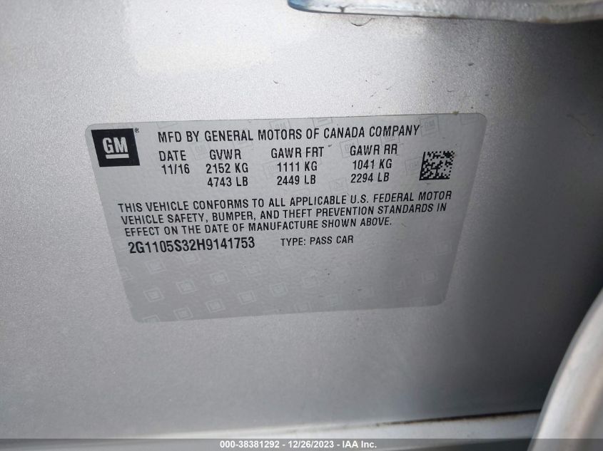 2017 CHEVROLET IMPALA LT - 2G1105S32H9141753