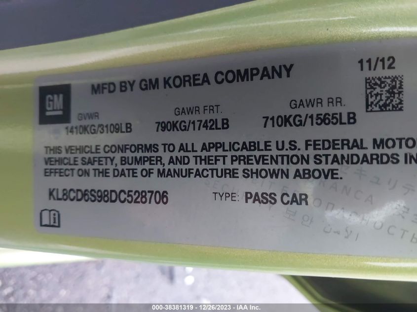 2013 CHEVROLET SPARK 1LT AUTO - KL8CD6S98DC528706