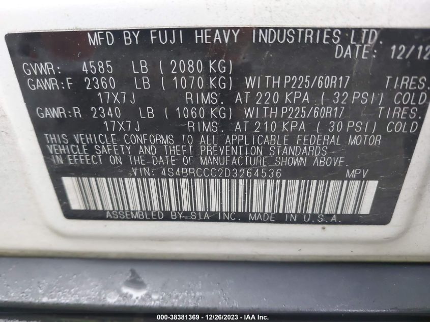 2013 SUBARU OUTBACK 2.5I PREMIUM - 4S4BRCCC2D3264536