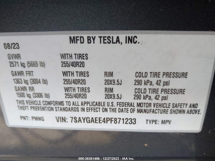 VIN 7SAYGAEE4PF871233 2023 TESLA MODEL Y