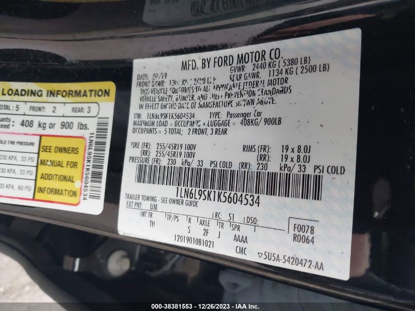 2019 LINCOLN CONTINENTAL SELECT 1LN6L9SK1K5604534