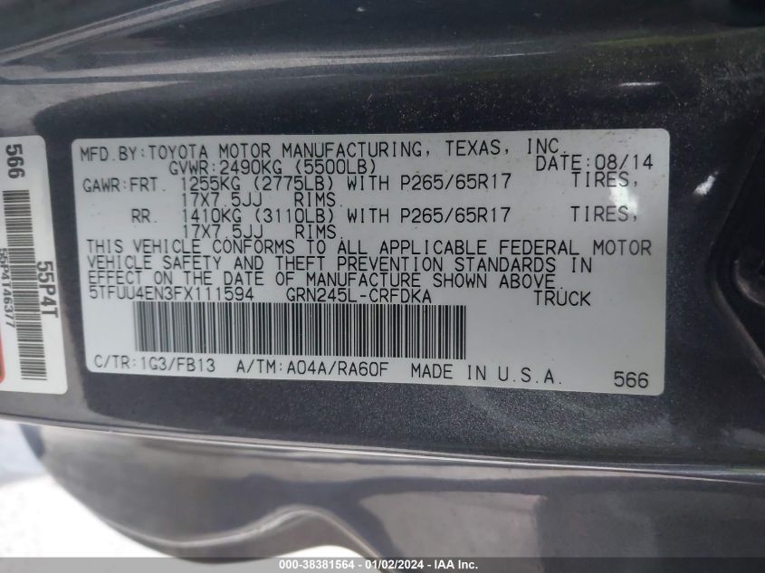 2015 TOYOTA TACOMA BASE V6 - 5TFUU4EN3FX111594