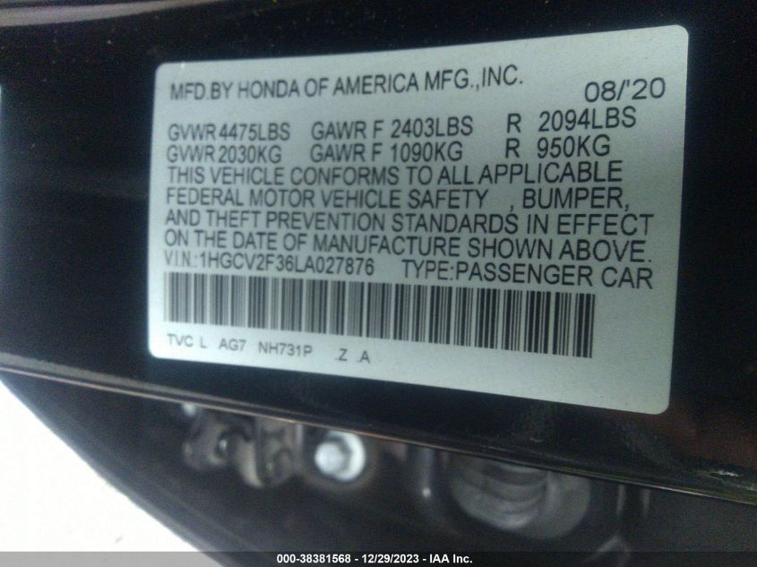 2020 HONDA ACCORD SPORT 2.0T - 1HGCV2F36LA027876