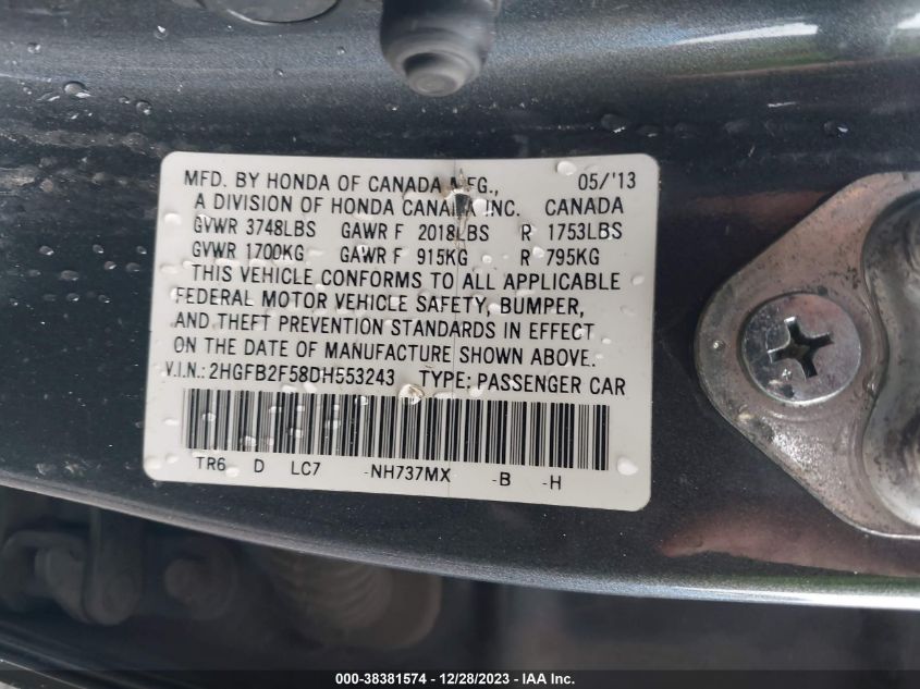 2013 HONDA CIVIC LX 2HGFB2F58DH553243