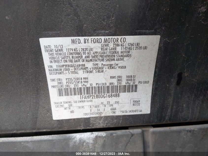 2013 FORD TAURUS SEL - 1FAHP2E80DG168488