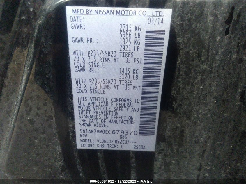 2014 NISSAN PATHFINDER S/SV/SL/PLATINUM - 5N1AR2MM0EC679370