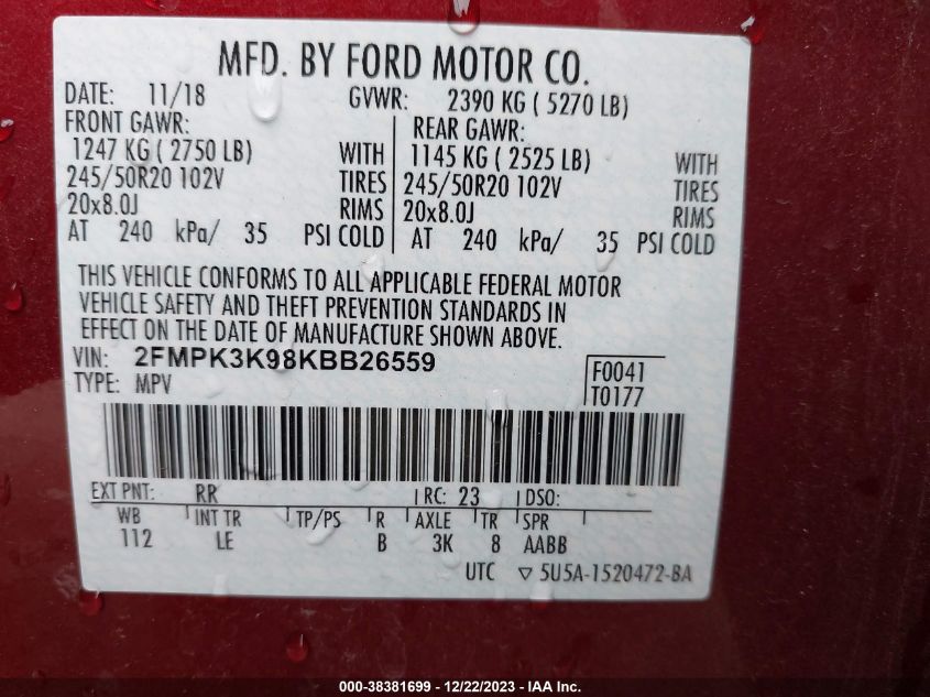 2FMPK3K98KBB26559 2019 FORD EDGE, photo no. 9