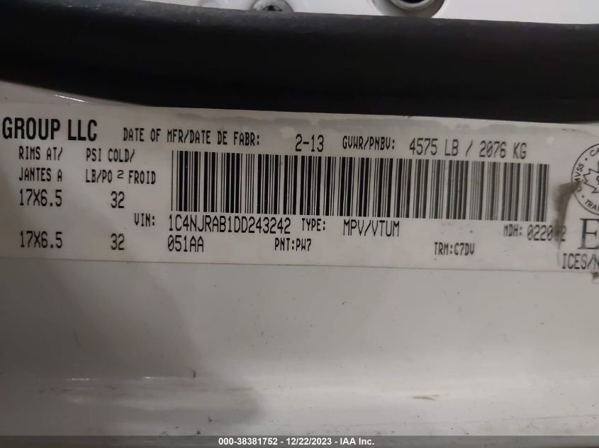 2013 JEEP PATRIOT SPORT/NORTH - 1C4NJRAB1DD243242