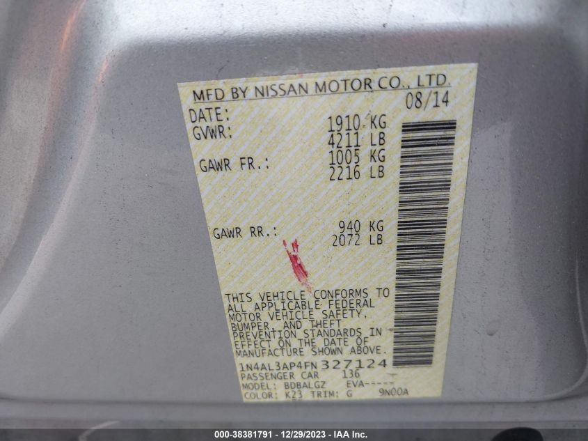 2015 NISSAN ALTIMA 2.5/2.5 S/2.5 SL/2.5 SV - 1N4AL3AP4FN327124