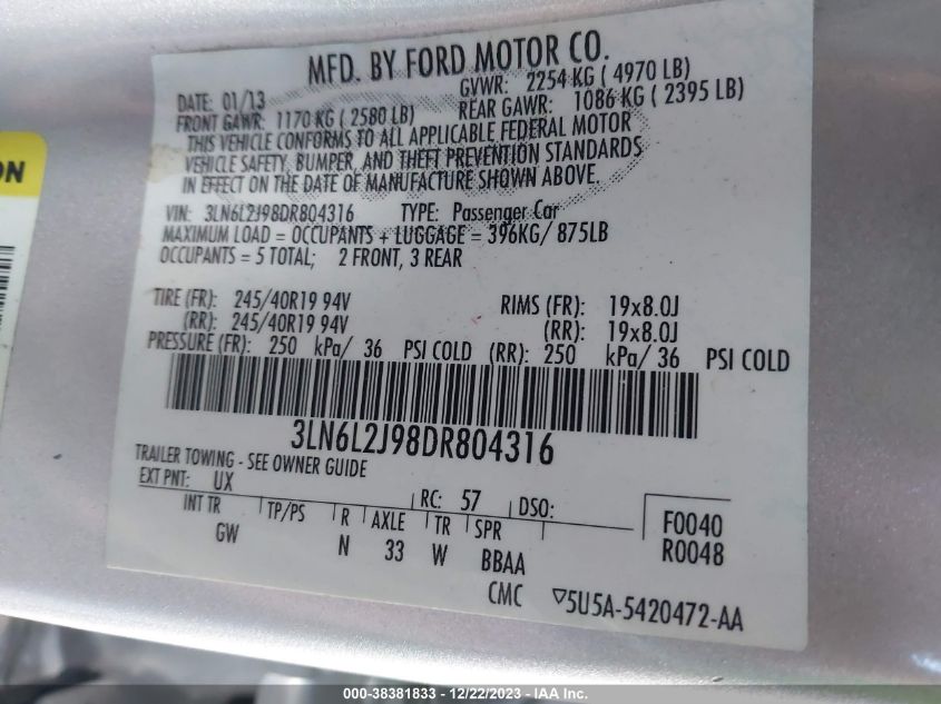 2013 LINCOLN MKZ - 3LN6L2J98DR804316