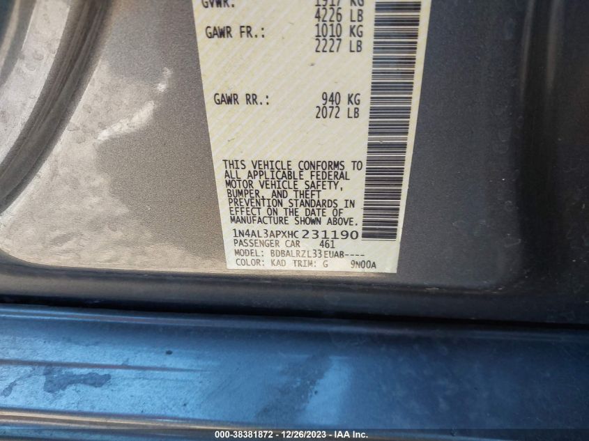 2017 NISSAN ALTIMA 2.5/S/SV/SL/SR - 1N4AL3APXHC231190