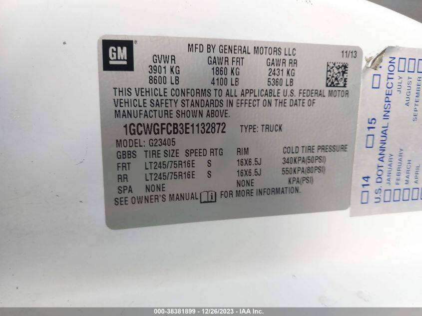 2014 CHEVROLET EXPRESS 2500 WORK VAN 1GCWGFCB3E1132872