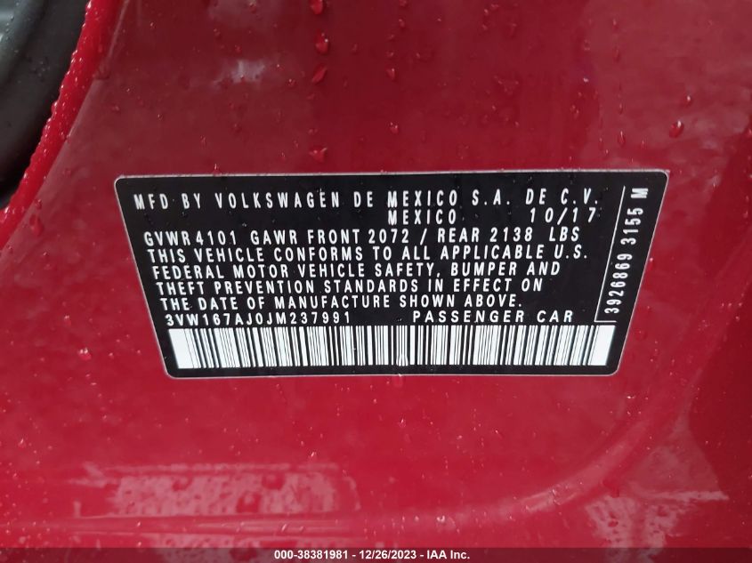 2018 VOLKSWAGEN JETTA 1.4T S - 3VW167AJOJM237991