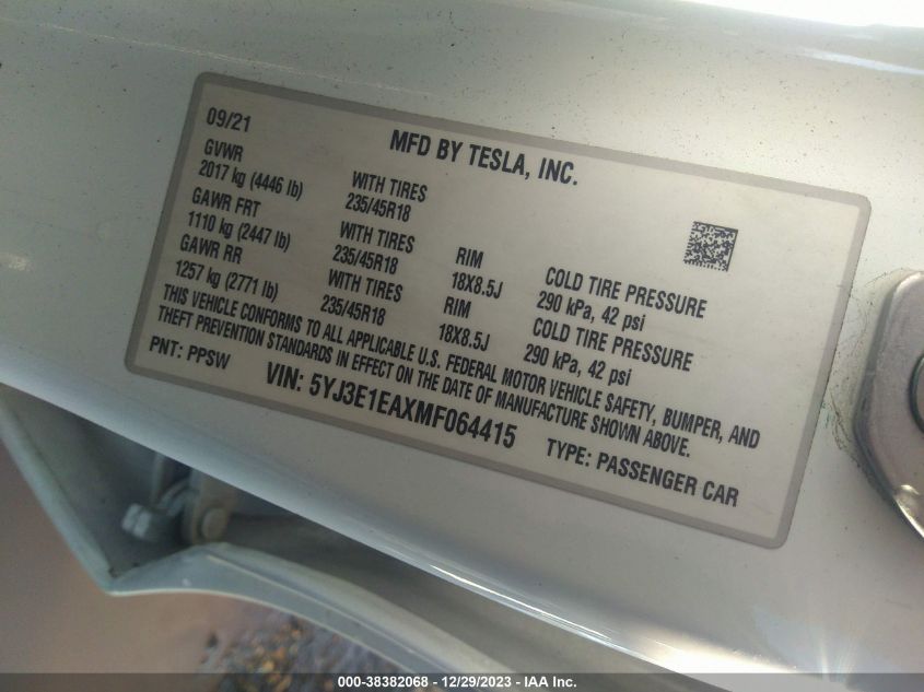 2021 TESLA MODEL 3 STANDARD RANGE PLUS REAR-WHEEL DRIVE - 5YJ3E1EAXMF064415