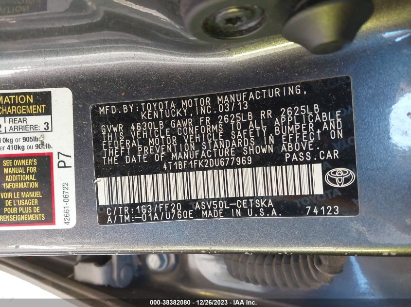 2013 TOYOTA CAMRY L/SE/LE/XLE - 4T1BF1FK2DU677969