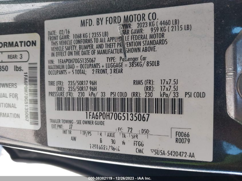 2016 FORD FUSION SE - 1FA6P0H70G5135067