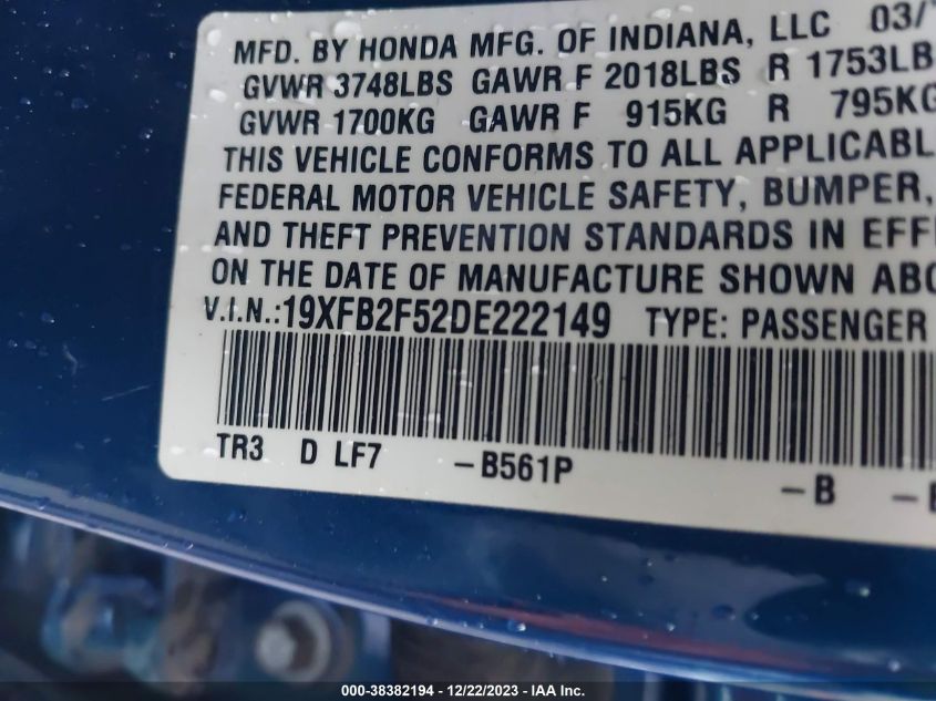 2013 HONDA CIVIC LX - 19XFB2F52DE222149