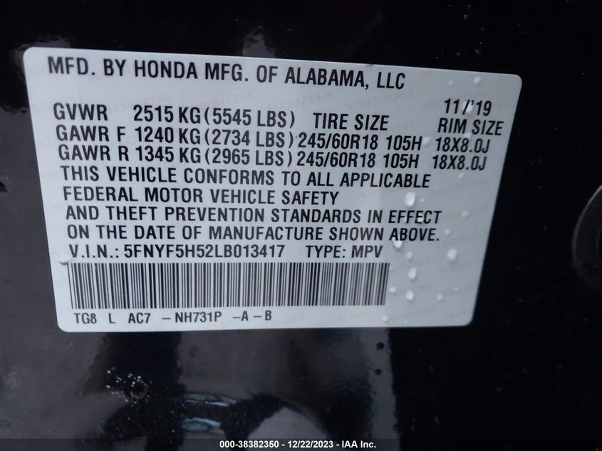 VIN 5FNYF5H52LB013417 2020 HONDA PILOT EXL