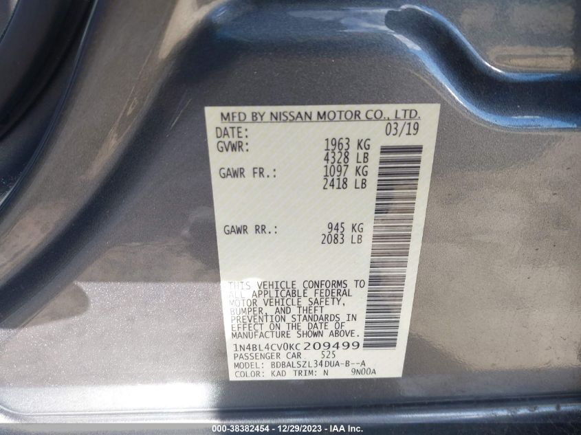 2019 NISSAN ALTIMA 2.5 SR - 1N4BL4CV0KC209499