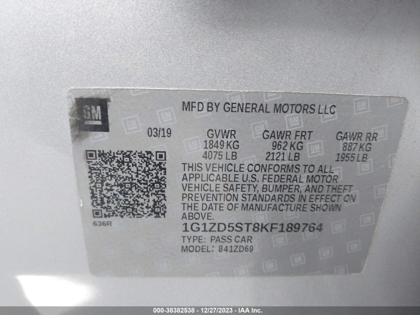 2019 CHEVROLET MALIBU LT - 1G1ZD5ST8KF189764