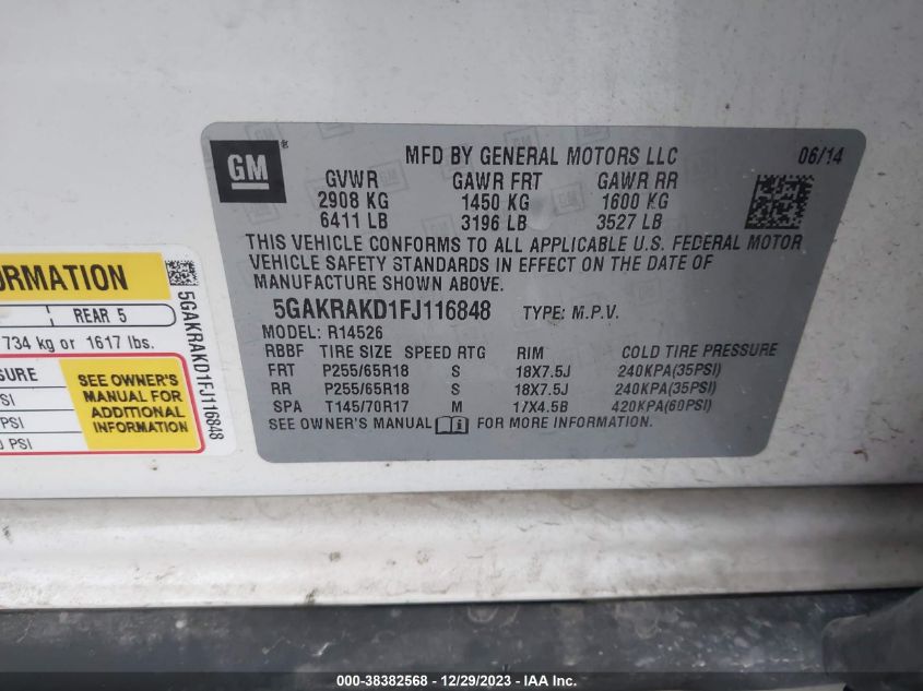 2015 BUICK ENCLAVE CONVENIENCE - 5GAKRAKD1FJ116848
