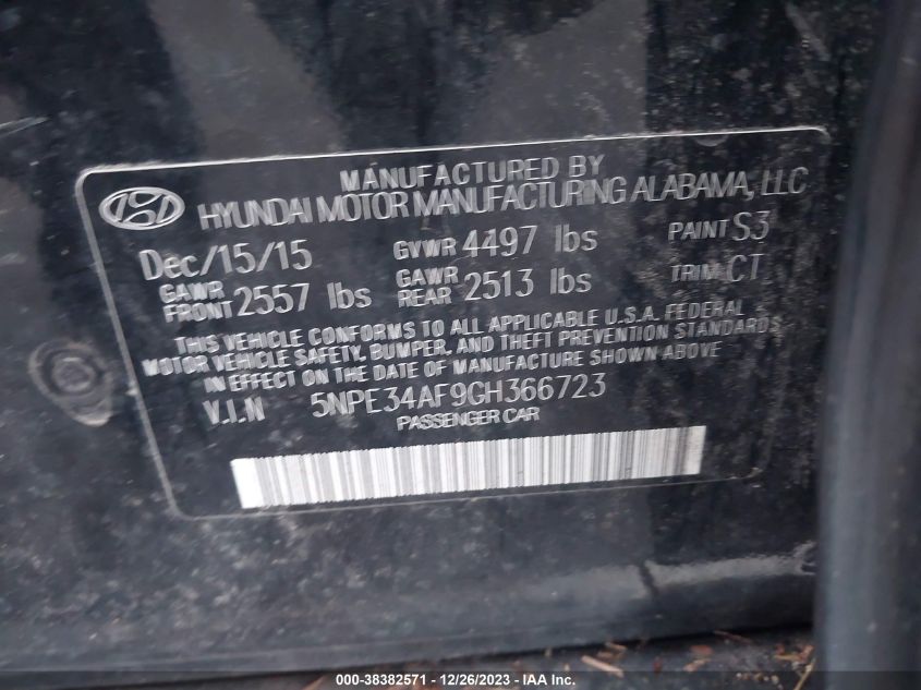 5NPE34AF9GH366723 | 2016 HYUNDAI SONATA