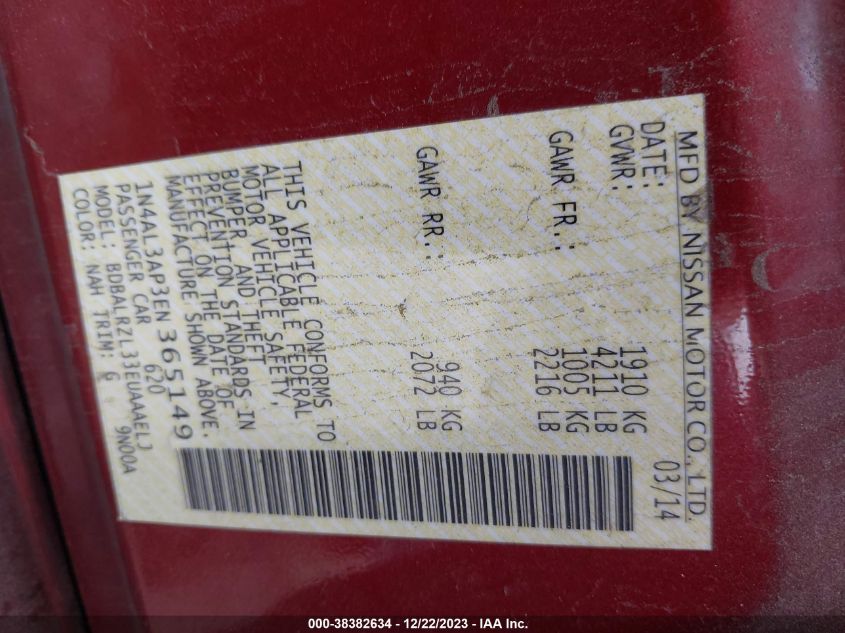 2014 NISSAN ALTIMA 2.5 S - 1N4AL3AP3EN365149
