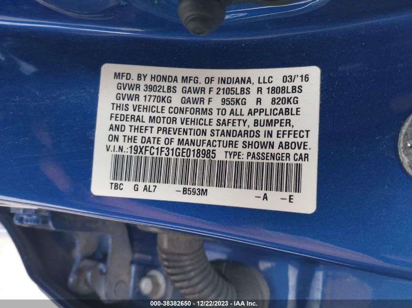 2016 HONDA CIVIC EX - 19XFC1F31GE018985