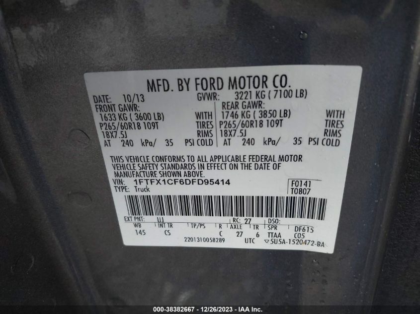 2013 FORD F-150 FX2/LARIAT/STX/XL/XLT - 1FTFX1CFCDFD95419