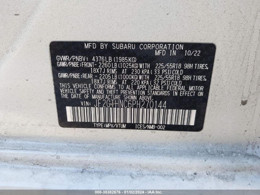 2023 SUBARU CROSSTREK LIMITED - JF2GTHNC6PH270144