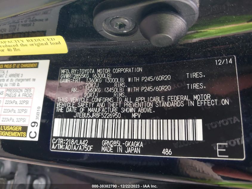 2015 TOYOTA 4RUNNER SR5/LIMITED/TRAIL/TRD PRO - JTEBU5JR8F5226950