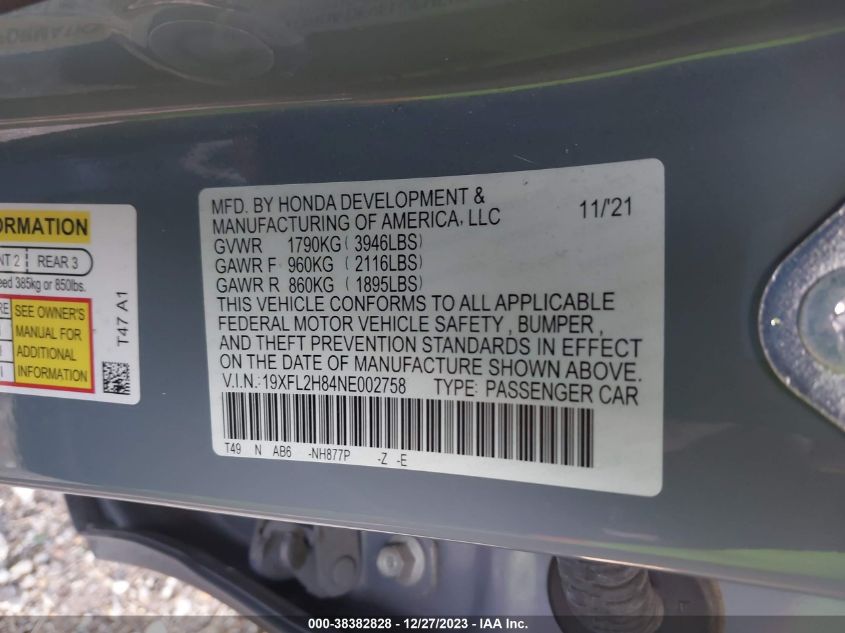 2022 HONDA CIVIC SPORT - 19XFL2H84NEOO2758