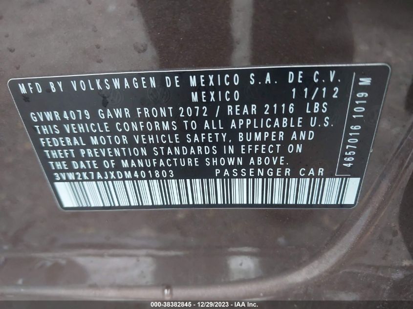 2013 VOLKSWAGEN JETTA 2.0L S - 3VW2K7AJXDM401803