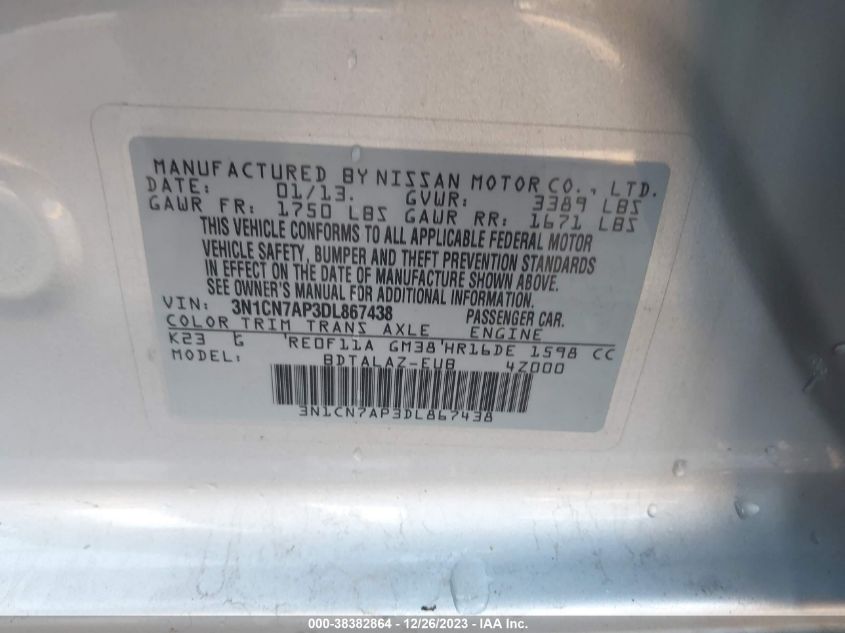 2013 NISSAN VERSA 1.6 S+ - 3N1CN7AP3DL867438