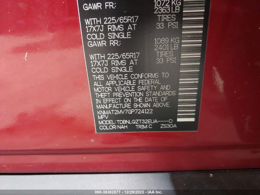 2016 NISSAN ROGUE SV - KNMAT2MV7GP724122