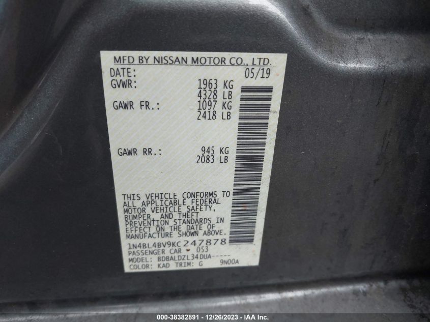 2019 NISSAN ALTIMA - 1N4BL4BB9KC247878