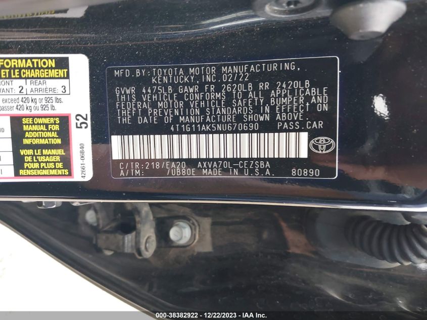 2022 TOYOTA CAMRY SE - 4T1G11AK5NU670690