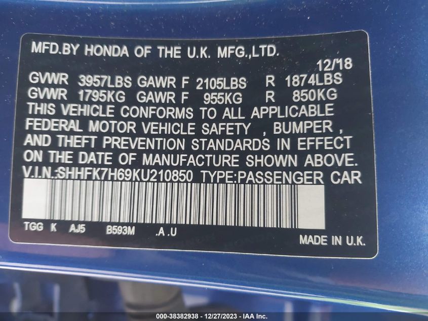 2019 HONDA CIVIC EX - SHHFK7H69KU210850