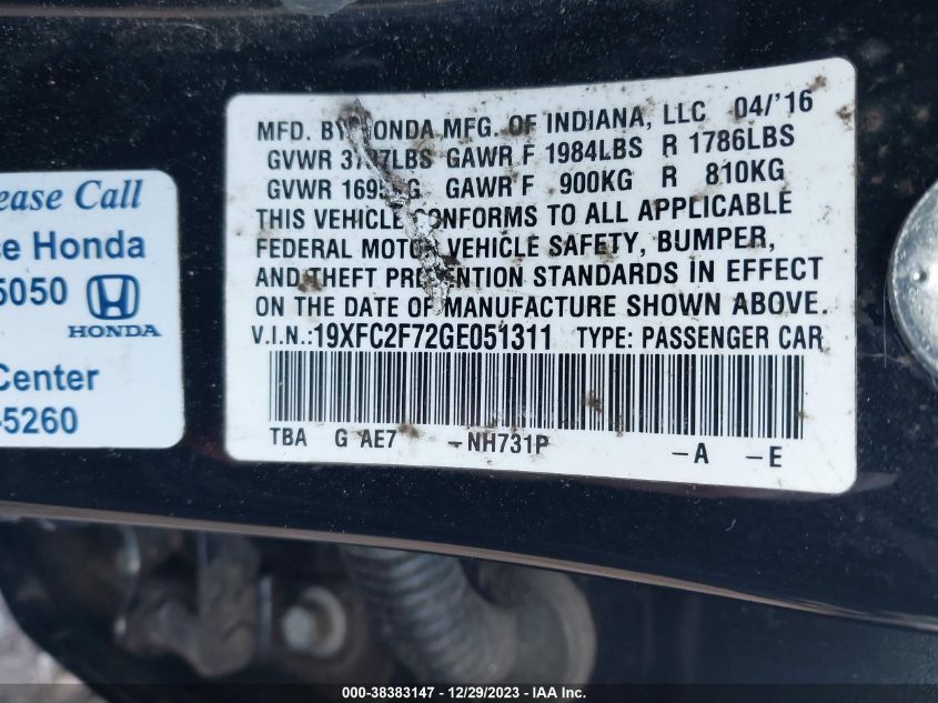 2016 HONDA CIVIC EX - 19XFC2F72GE051311