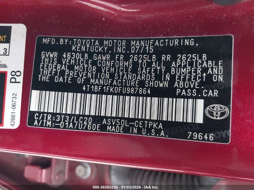 2015 TOYOTA CAMRY LE/XLE/SE/XSE - 4T1BF1FK0FU987864
