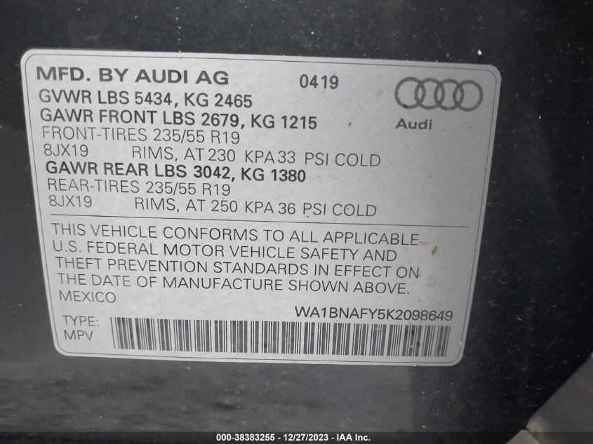 WA1BNAFY5K2098649 2019 AUDI Q5, photo no. 9