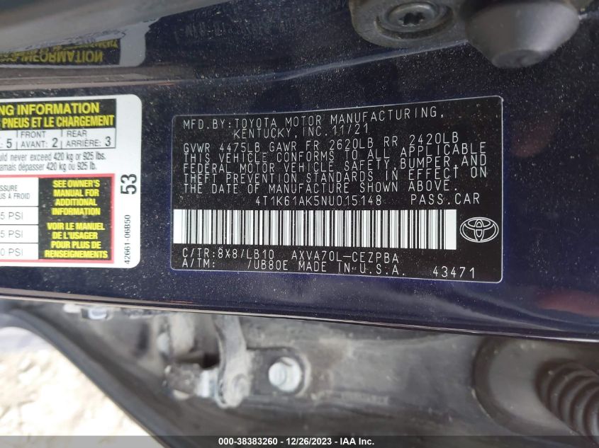 2022 TOYOTA CAMRY XSE - 4T1K61AK5NU015148